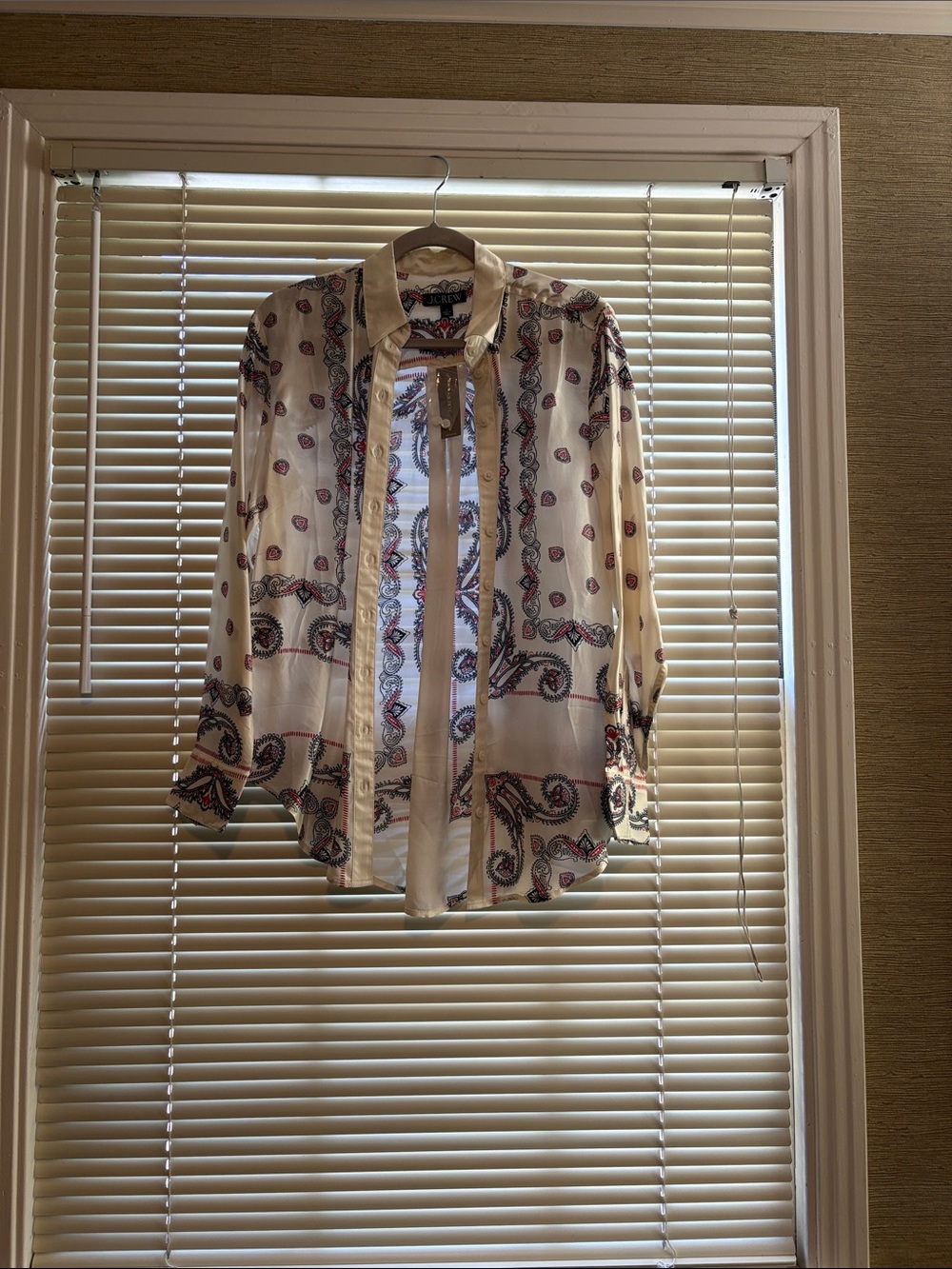 J. Crew Boho Tie-Neck Printed Blouse - Cream with Navy & Pink Paisley